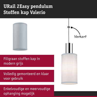 Grijze stoffen kap Valerio voor URail 2Easy pendellamp, modern textiel, eenvoudig te monteren