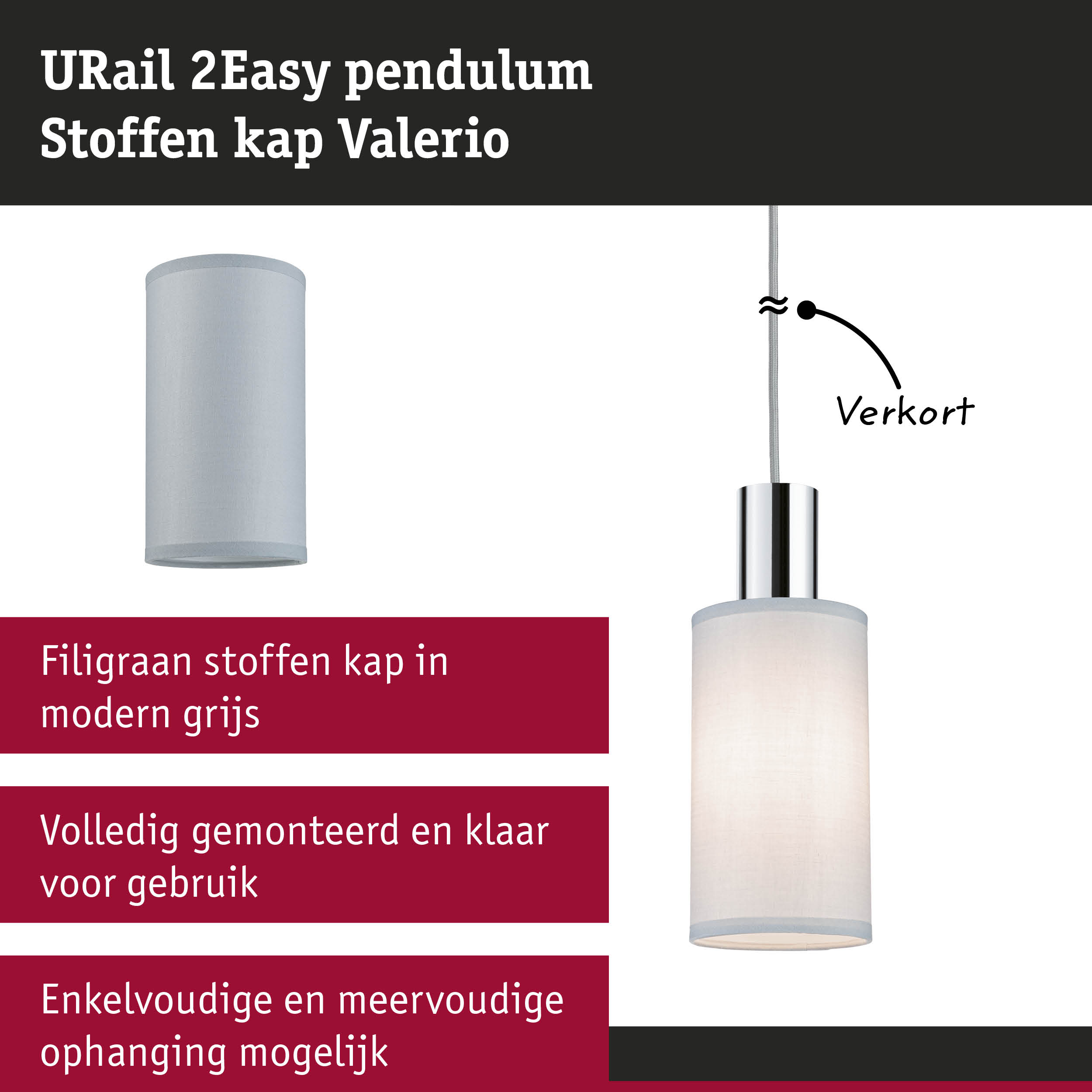 URail 2Easy hanglamp met grijze stoffen kap en verstelbare kabel voor moderne binnenverlichting
