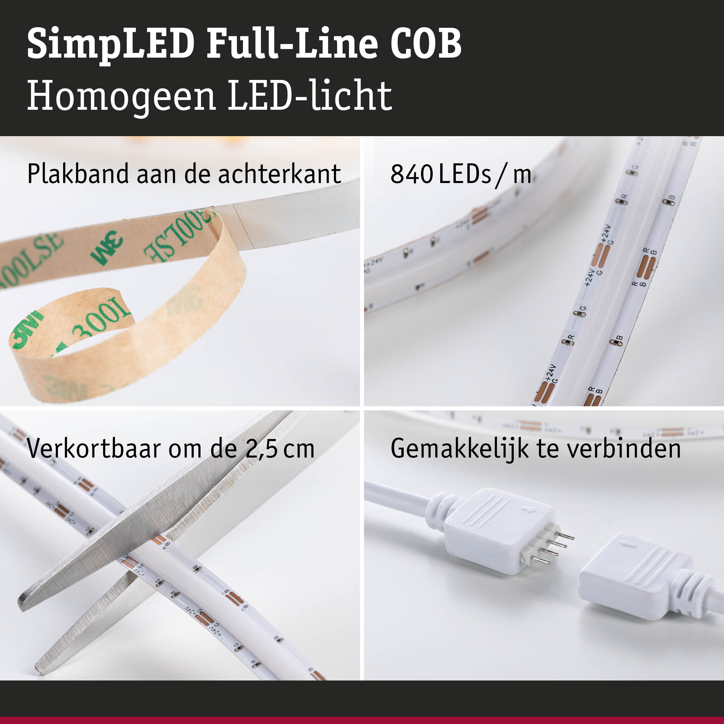Witte LED-strip met 840 LEDs per meter, zelfklevend en knipbaar voor flexibele verlichting