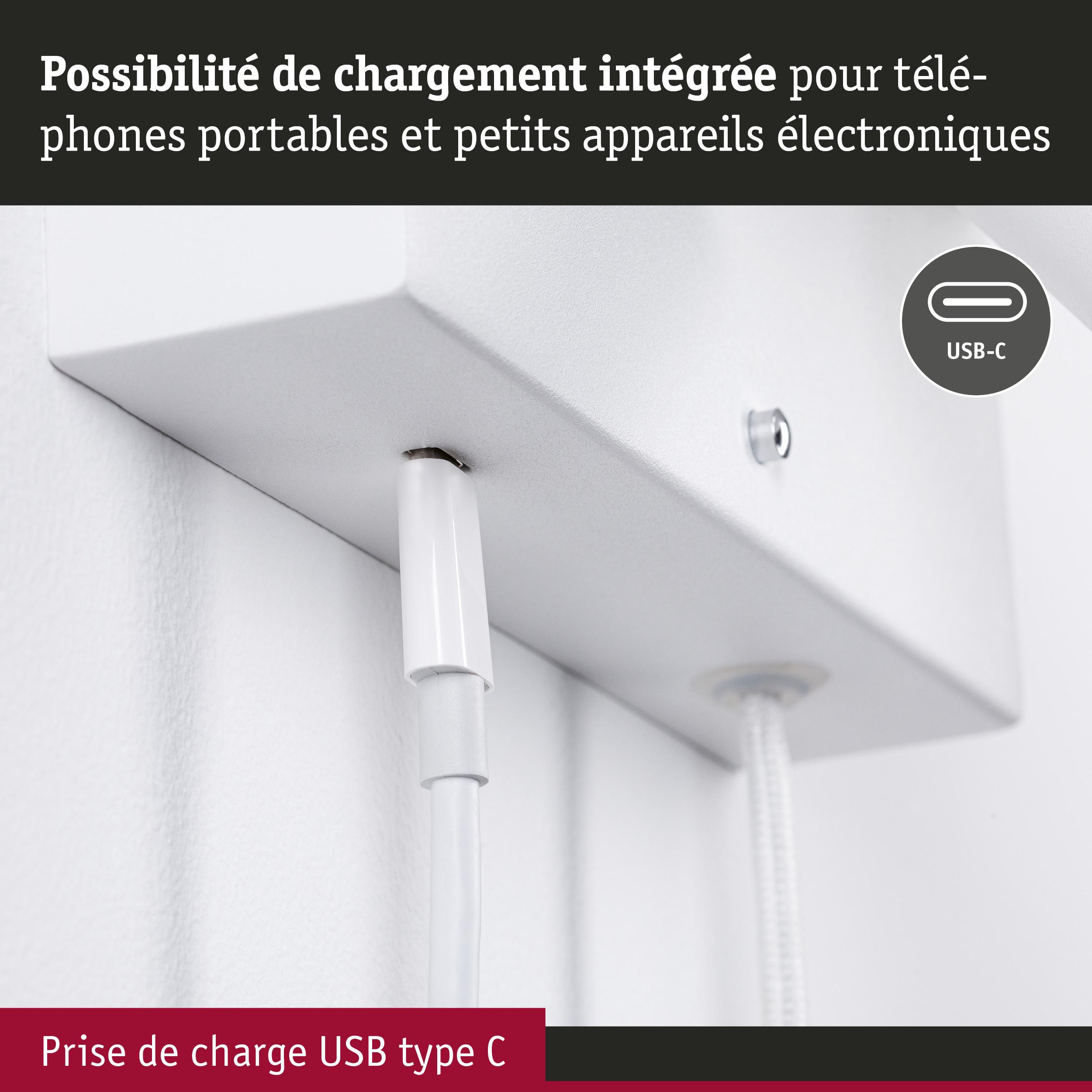Câble de charge USB type C blanc connecté à un appareil blanc avec charge intégrée pour petits appareils