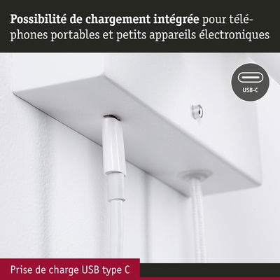 Câble de charge USB type C blanc connecté à un appareil blanc avec charge intégrée pour petits appareils