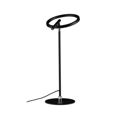 Modern black metal LED desk lamp with circular light ring and slim stand for office lighting