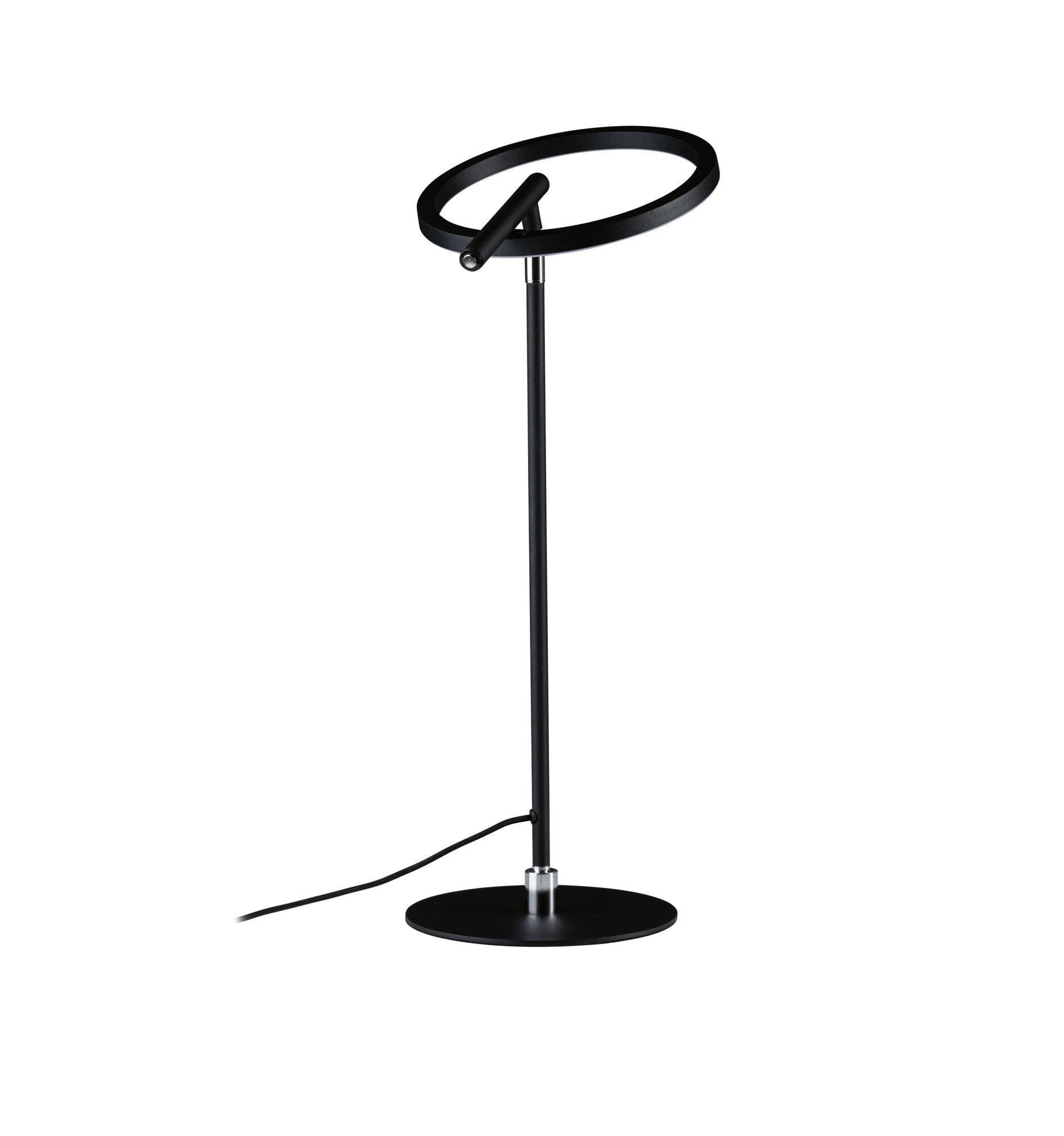 Modern black metal LED desk lamp with circular light ring and dimmable feature for office use