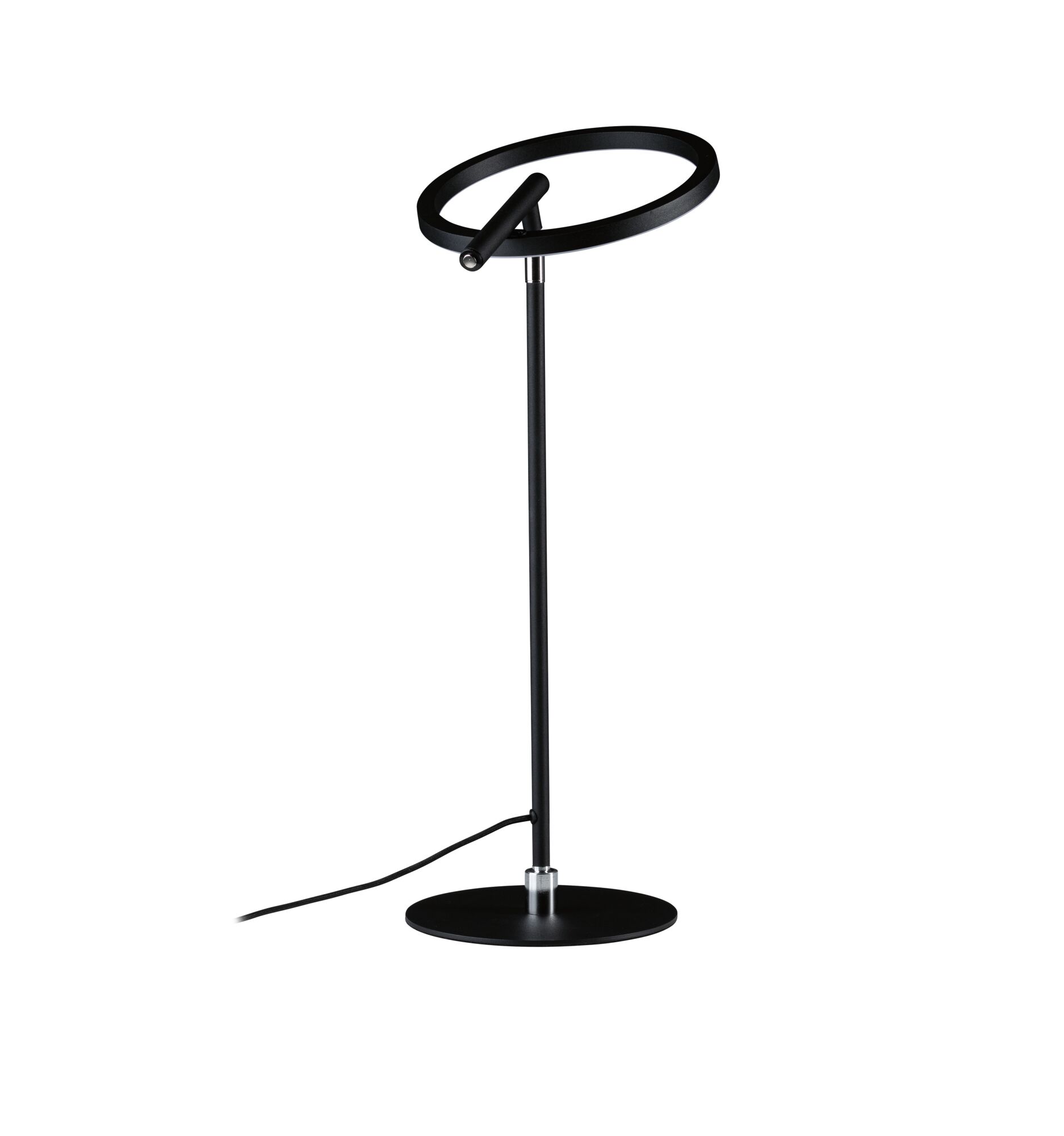 Moderne schwarze LED-Tischleuchte aus Metall mit rundem Leuchtring und dimmbarer Lichtquelle