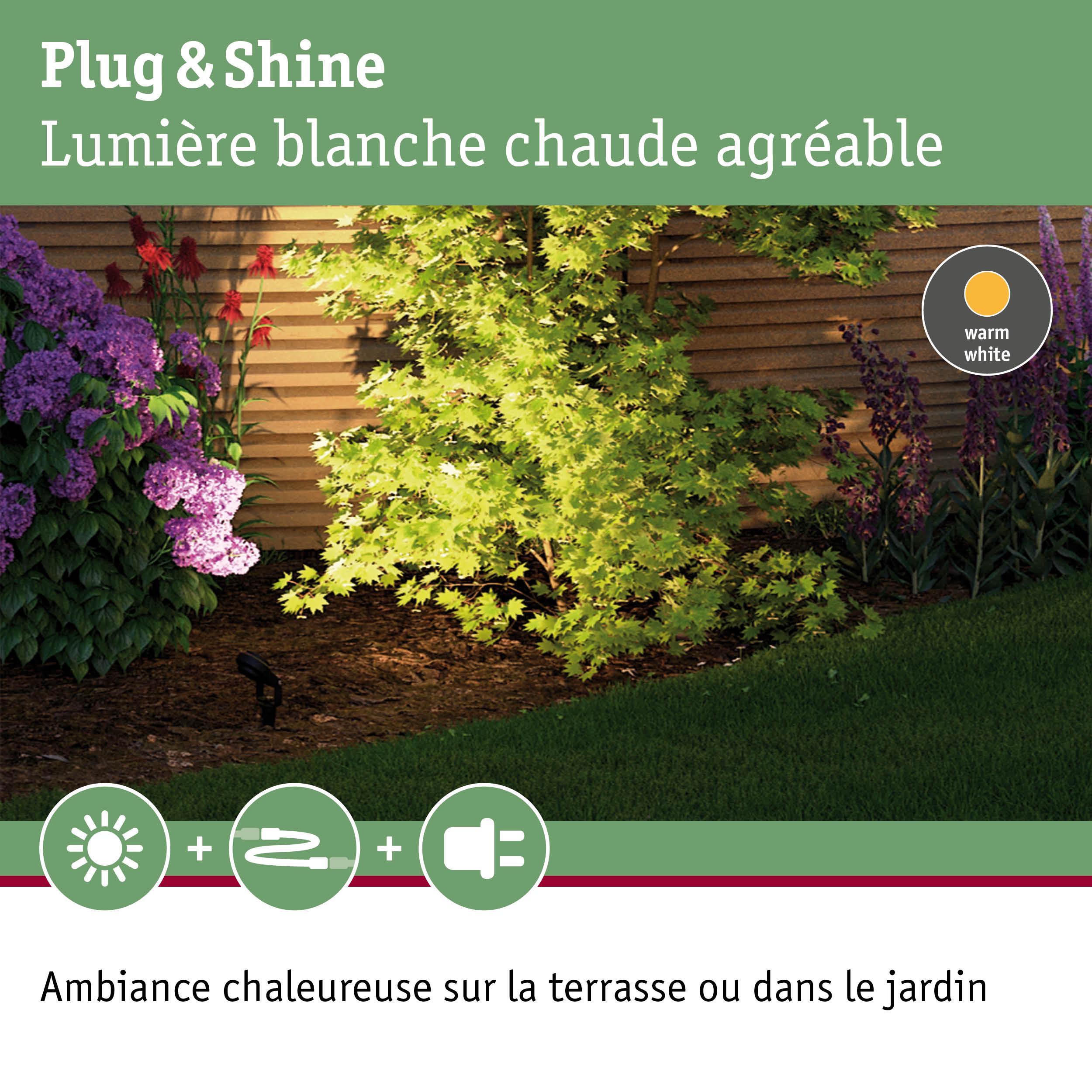 Éclairage extérieur blanc chaud pour terrasse ou jardin avec système LED Plug & Shine