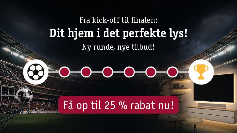 Lyskampagne med fodboldstadion og moderne stue i varmt lys