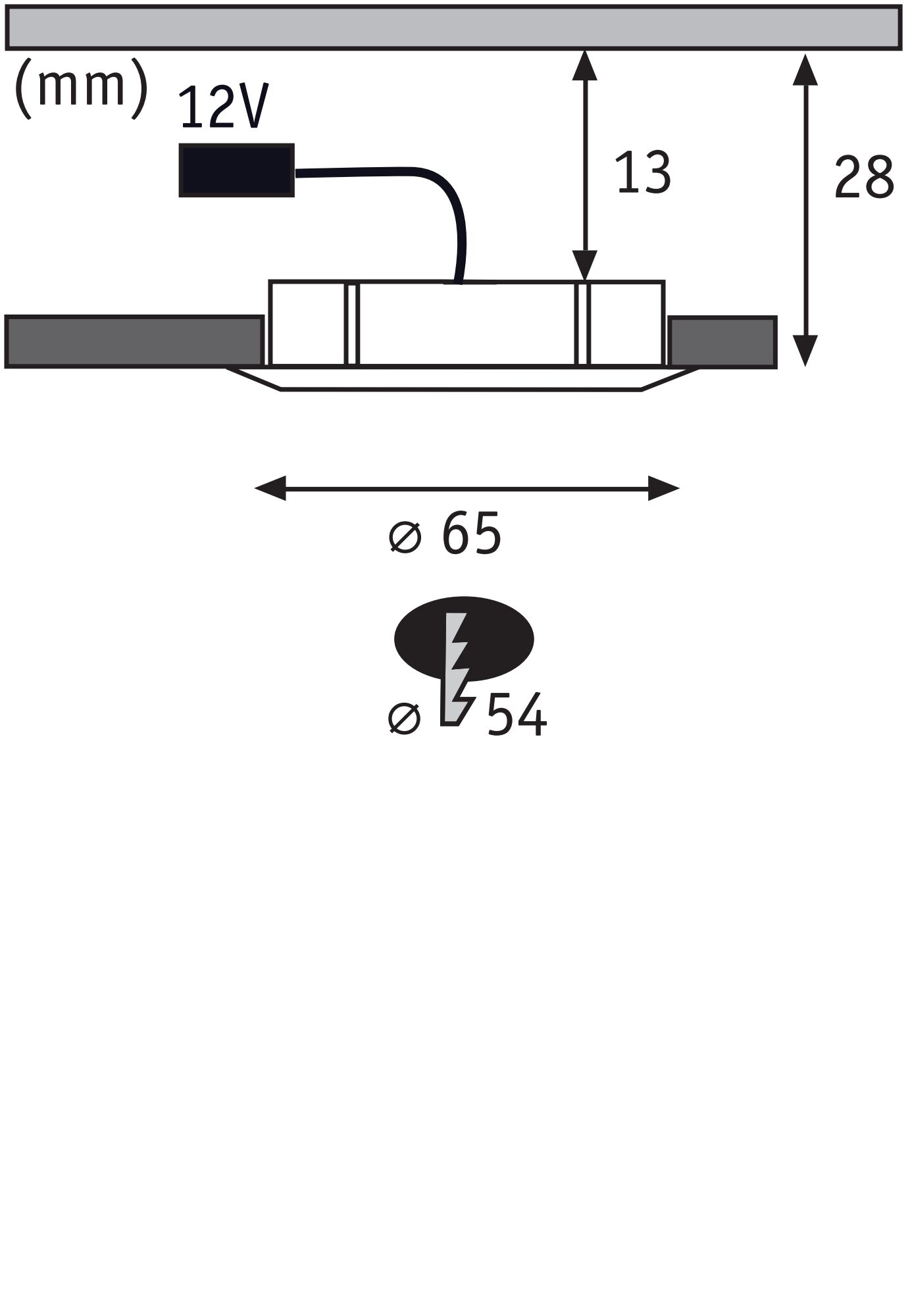 Technische Zeichnung eines 12V LED-Einbaustrahler mit 65 mm Durchmesser und 28 mm Höhe.
