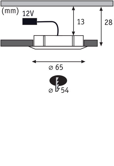 Schéma technique d'un spot LED encastré 12V de 65 mm de diamètre et 28 mm de hauteur.