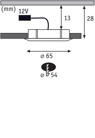 Technische Zeichnung eines 12V LED-Einbaustrahler mit 65 mm Durchmesser und 28 mm Höhe.