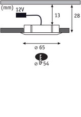 Technical drawing of 12V LED recessed spotlight with 65 mm diameter and 28 mm height.