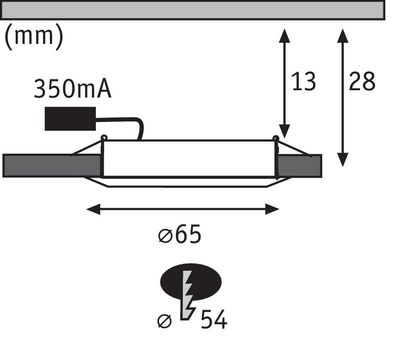 Technische Zeichnung eines 12V LED-Einbaustrahler mit 65 mm Durchmesser und 28 mm Höhe.