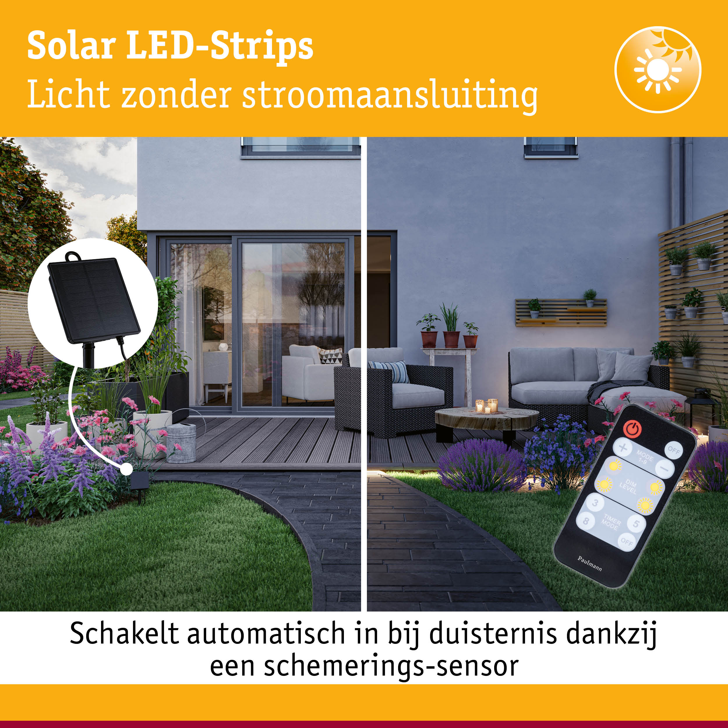 Zonne-LED-strips met afstandsbediening en schemeringssensor voor energiezuinige buitenverlichting