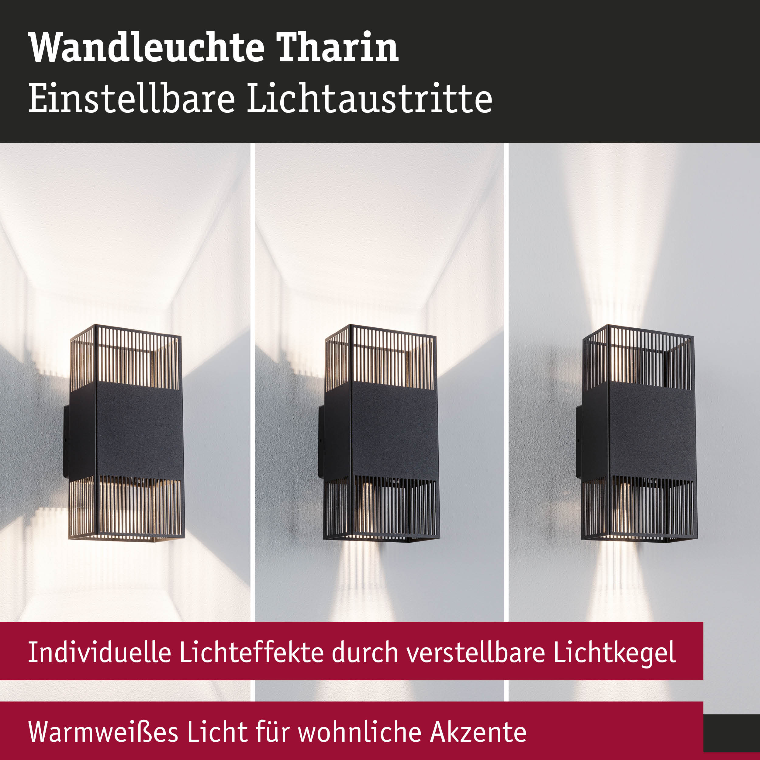 Schwarze Wandleuchte Tharin aus Metall mit verstellbaren Lichtkegeln und warmweißem Licht für Akzente