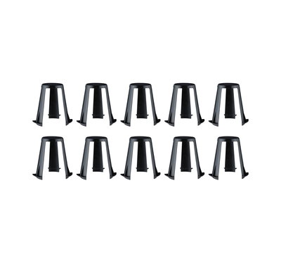 Ten black plastic holders for LED lights, designed for mounting and stabilization indoors