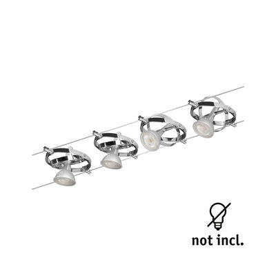 Four chrome LED cable spotlights with adjustable heads, bulbs not included, modern lighting fixture