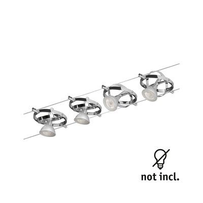 Four chrome LED cable spotlights with adjustable heads, bulbs not included, modern lighting fixture
