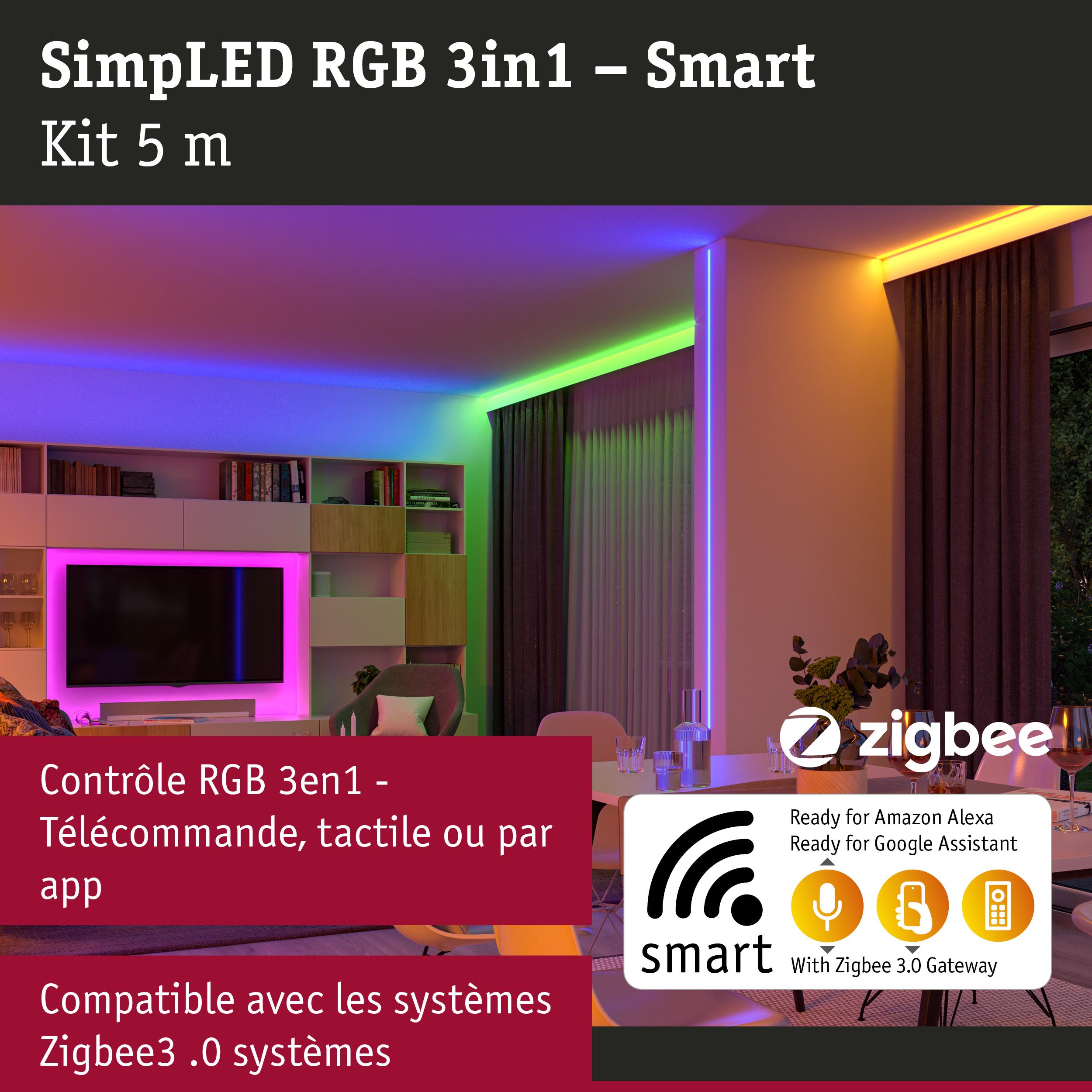 Bande LED intelligente RGB 3en1 5m compatible Zigbee 3.0 pour contrôle Alexa et Google Assistant