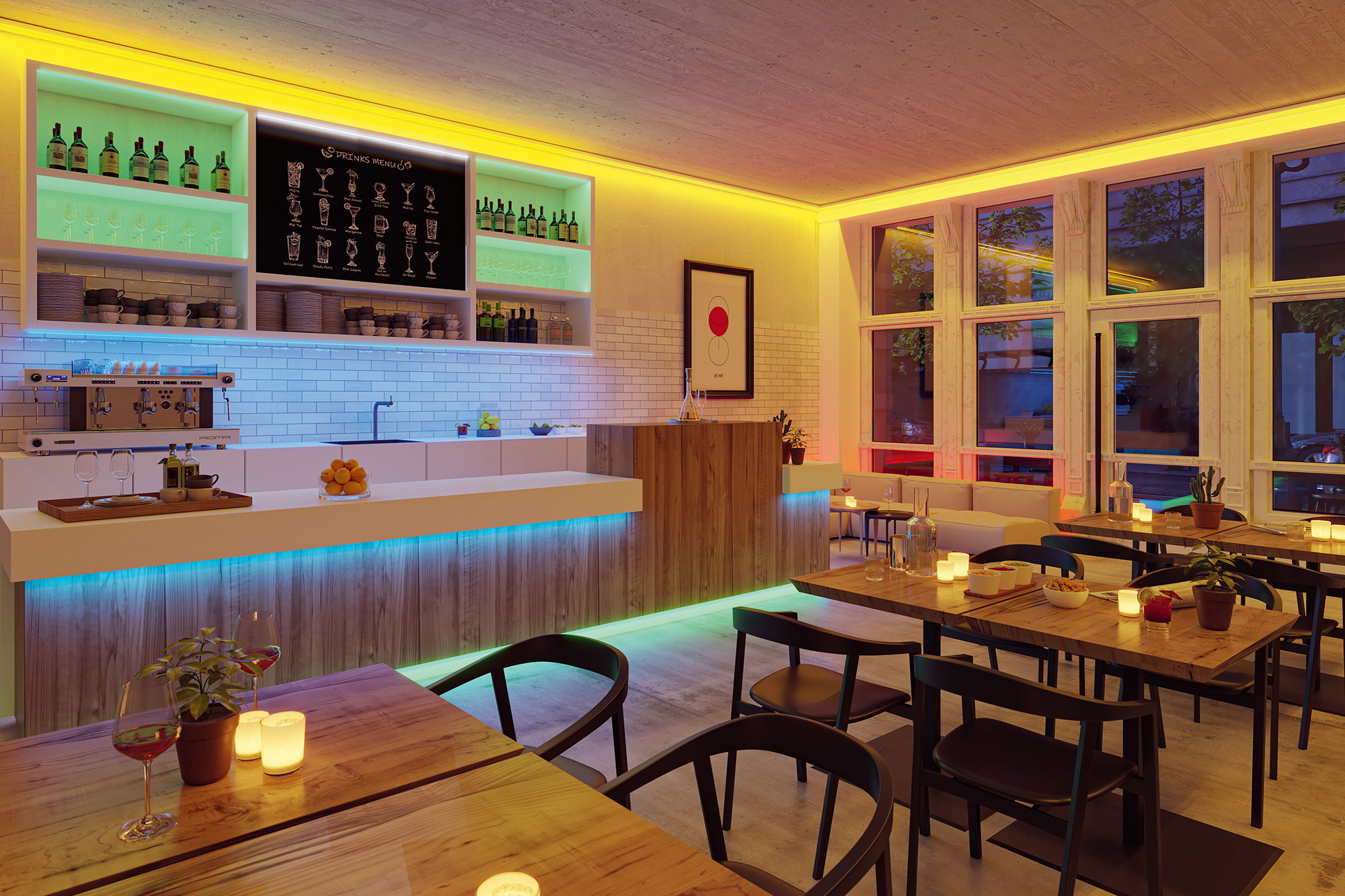 Modern bar interior with warm and cool LED strip lighting, wooden counter and white tiled wall