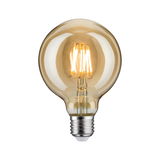 Round LED bulb with amber glass and visible filaments for decorative lighting and warm ambiance