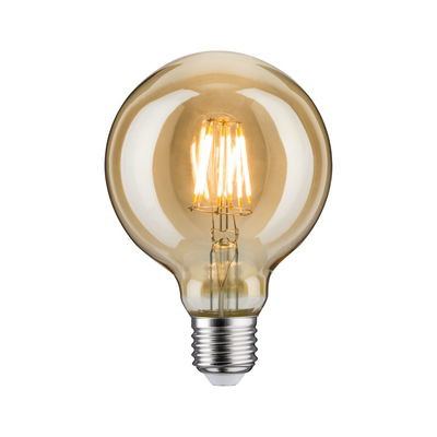 Round LED bulb with amber glass and visible filaments for decorative lighting and warm ambiance