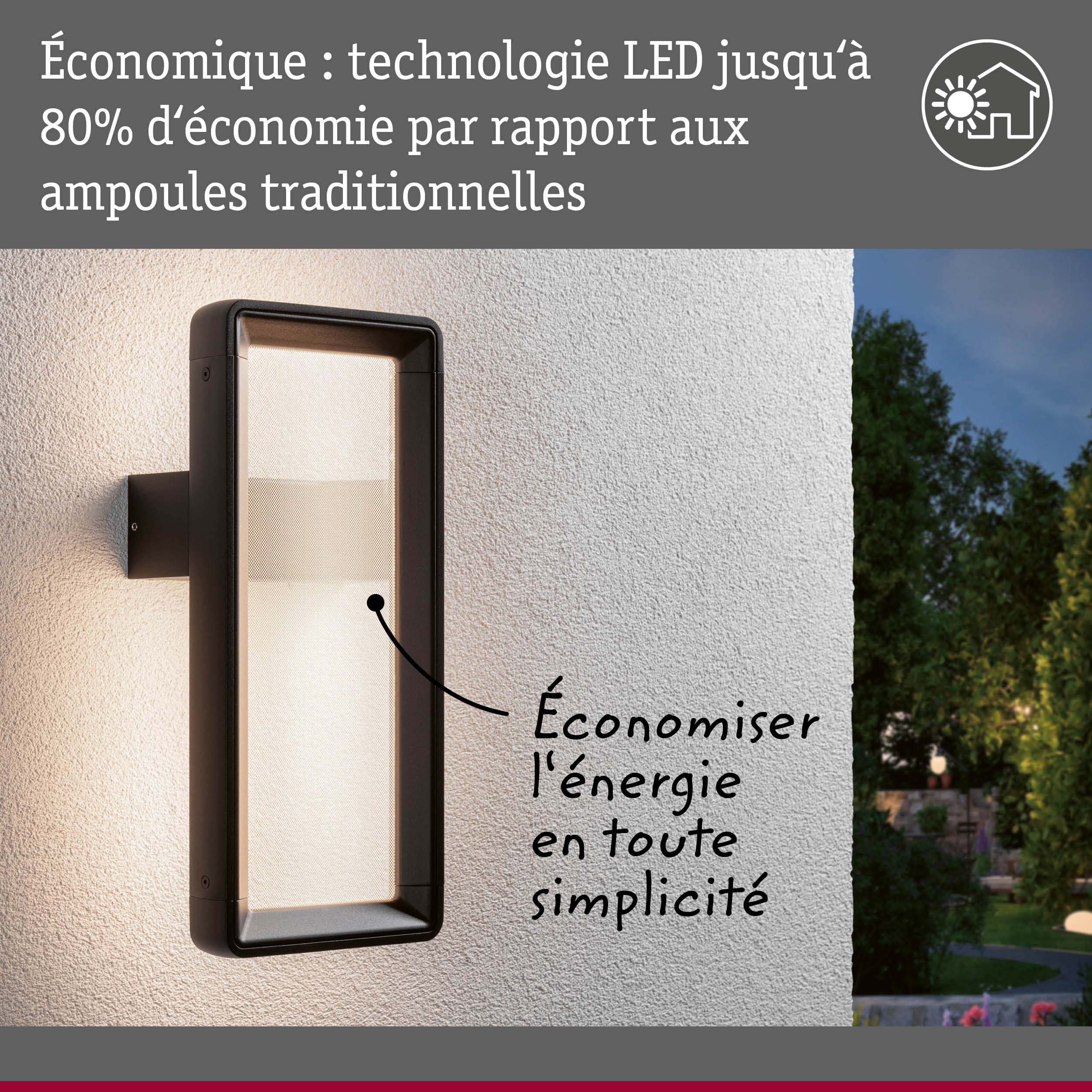 Applique murale extérieure LED noire sur mur blanc avec technologie économique et design moderne