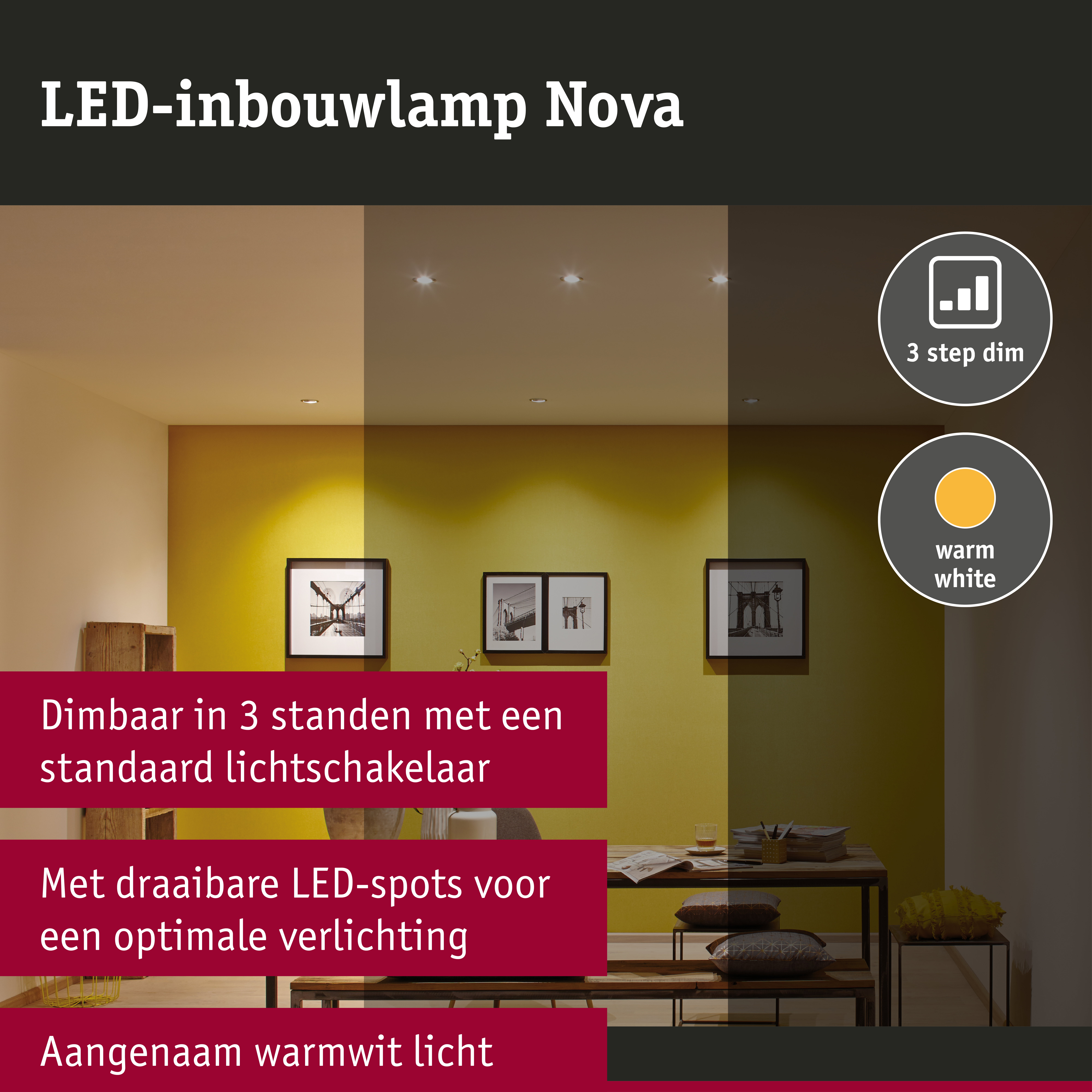 LED-inbouwlamp 3-Step-Dim Nova Coin Basisset zwenkbaar rond 84mm 50° Coin 3x6W 3x470lm 230V dimbaar 2700K Wit mat