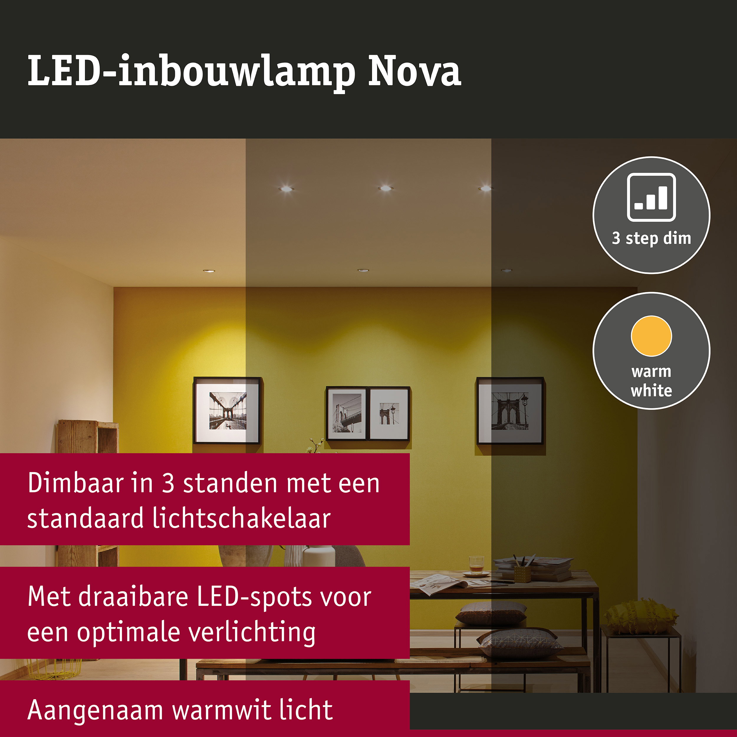 LED-inbouwlamp 3-Step-Dim Nova Coin Basisset zwenkbaar rond 84mm 50° Coin 3x6W 3x470lm 230V dimbaar 2700K Wit mat