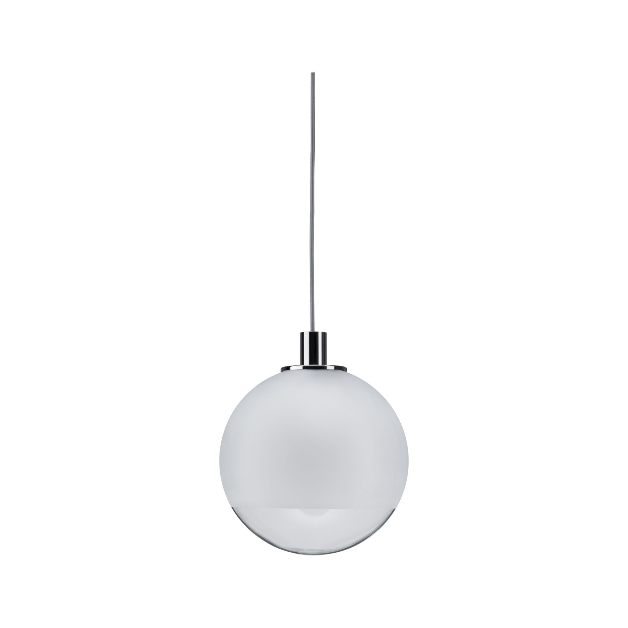 Modern pendant light made of white and clear glass with chrome mount for stylish room lighting