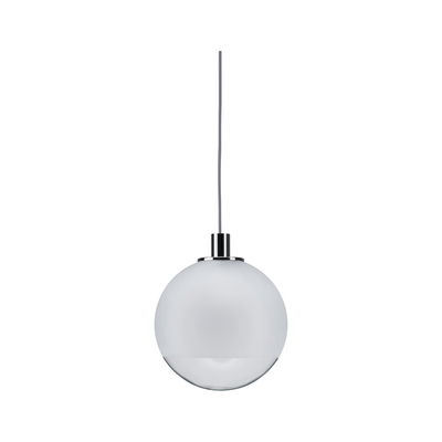Modern pendant light made of white and clear glass with chrome mount for stylish room lighting
