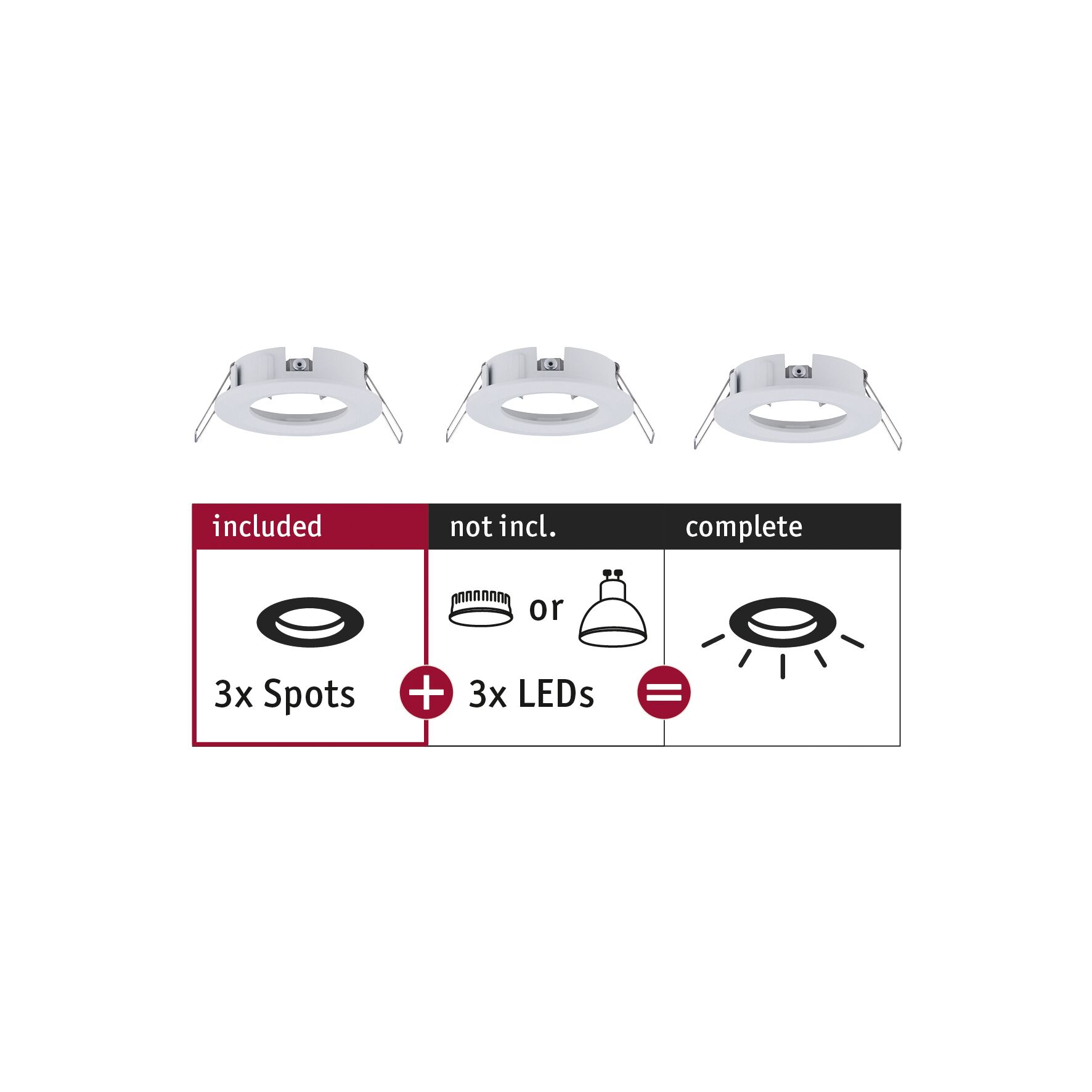 Three white metal recessed spotlights without LEDs, requires 3 LED bulbs for complete lighting