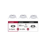 Three white metal recessed spotlights without LEDs, requires 3 LED bulbs for complete lighting
