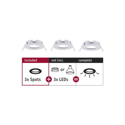 Three white metal recessed spotlights without LEDs, requires 3 LED bulbs for complete lighting