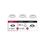 Three white metal recessed spotlights without LEDs, LED spot accessories for lighting systems