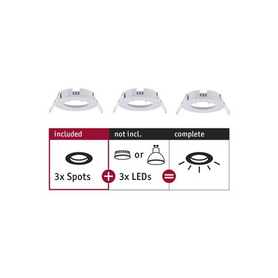 Three white metal recessed spotlights without LEDs, LED spot accessories for lighting systems