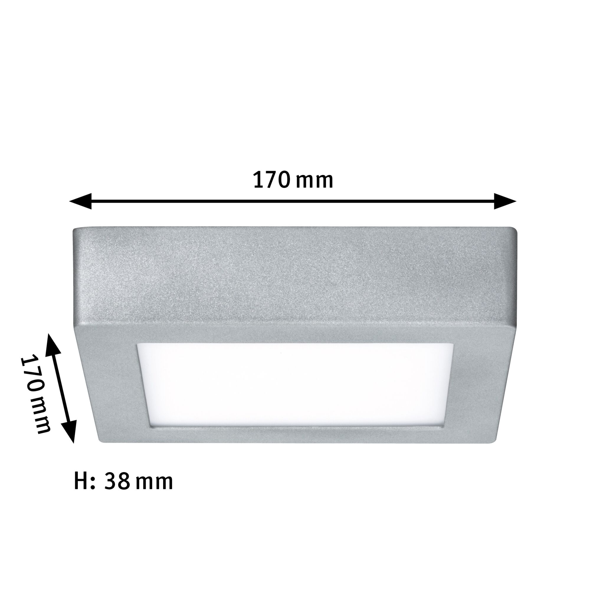 Plafonnier LED carré en aluminium argenté 170x170 mm, design fin avec diffuseur blanc
