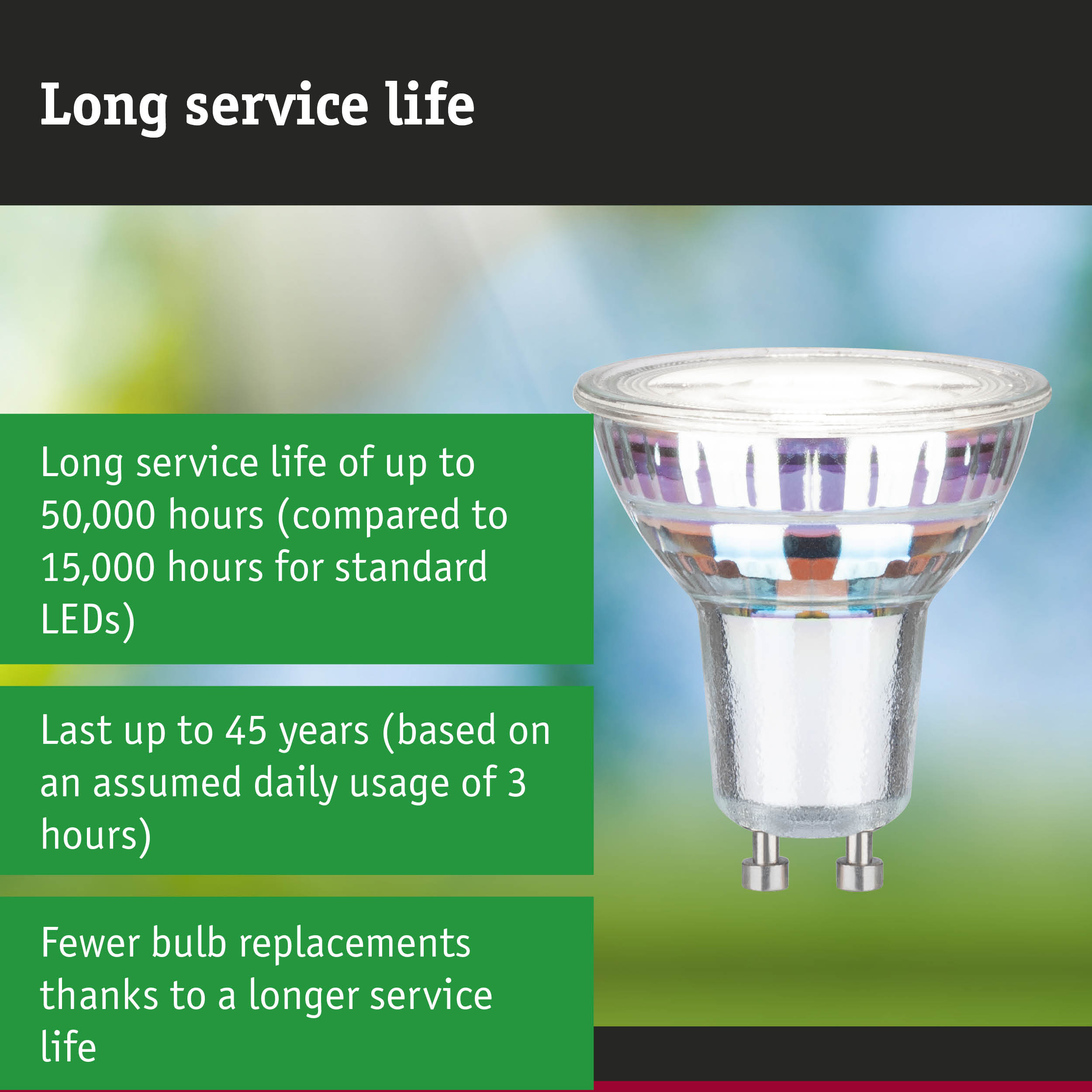 LED lamp with 3.5 times longer service life lasting 50,000 hours for energy-efficient lighting