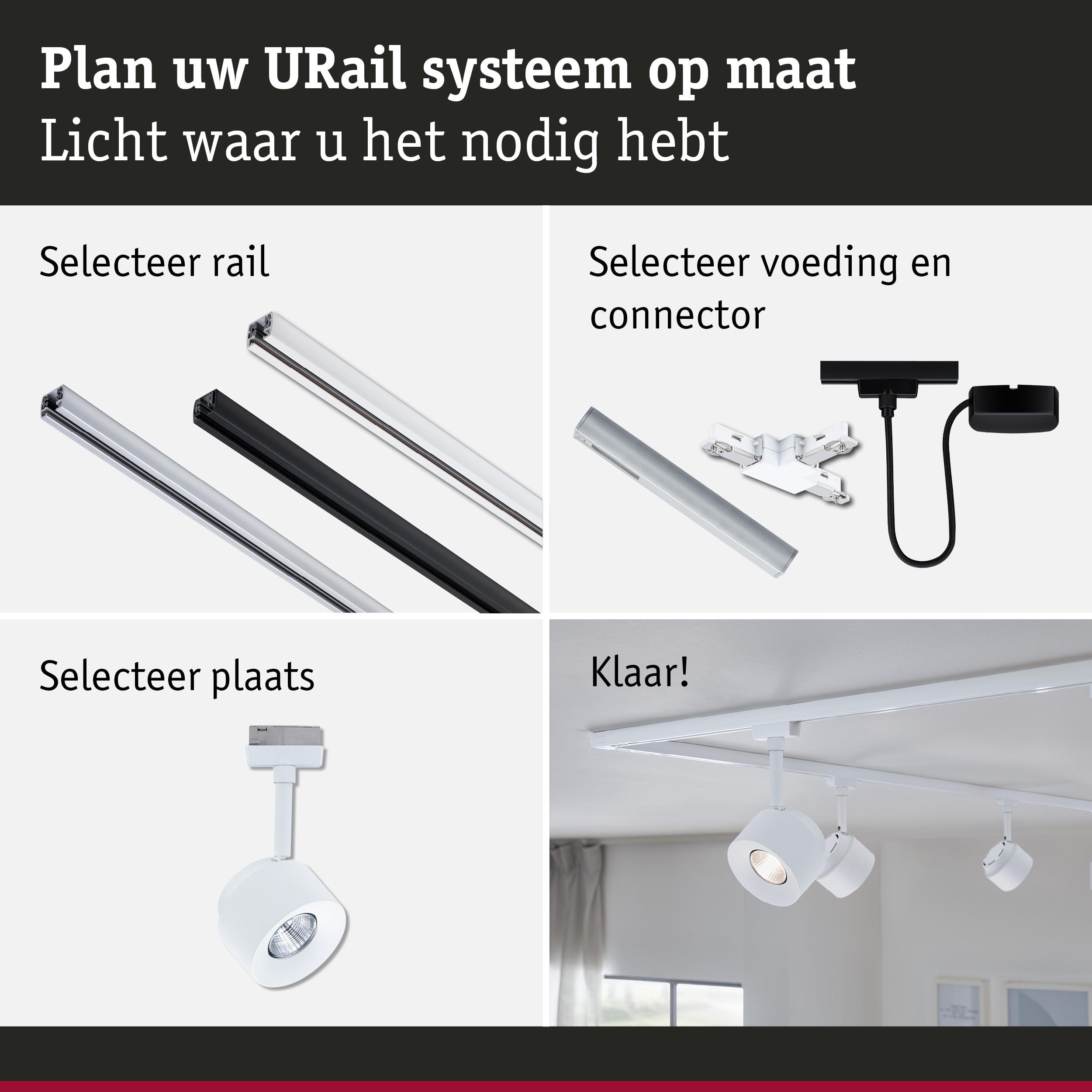 Modulair URail railsysteem met keuze uit rails, connectoren en witte LED-spotlights voor maatwerkverlichting