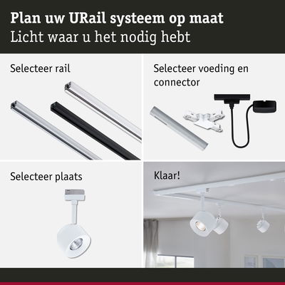 Modulair URail railsysteem met keuze uit rails, connectoren en witte LED-spotlights voor maatwerkverlichting