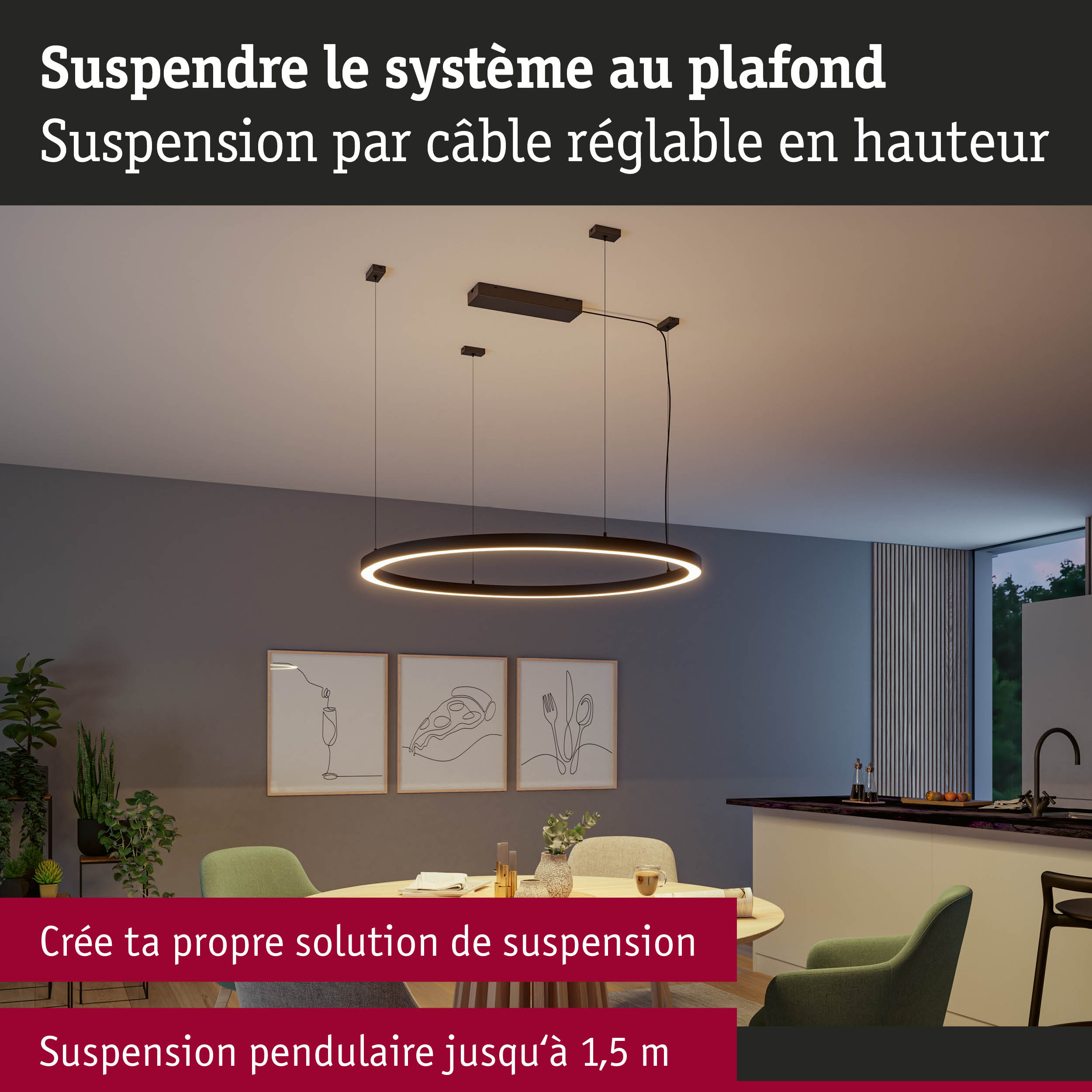 Suspension LED ronde noire avec câble réglable dans une salle à manger moderne avec chaises vertes