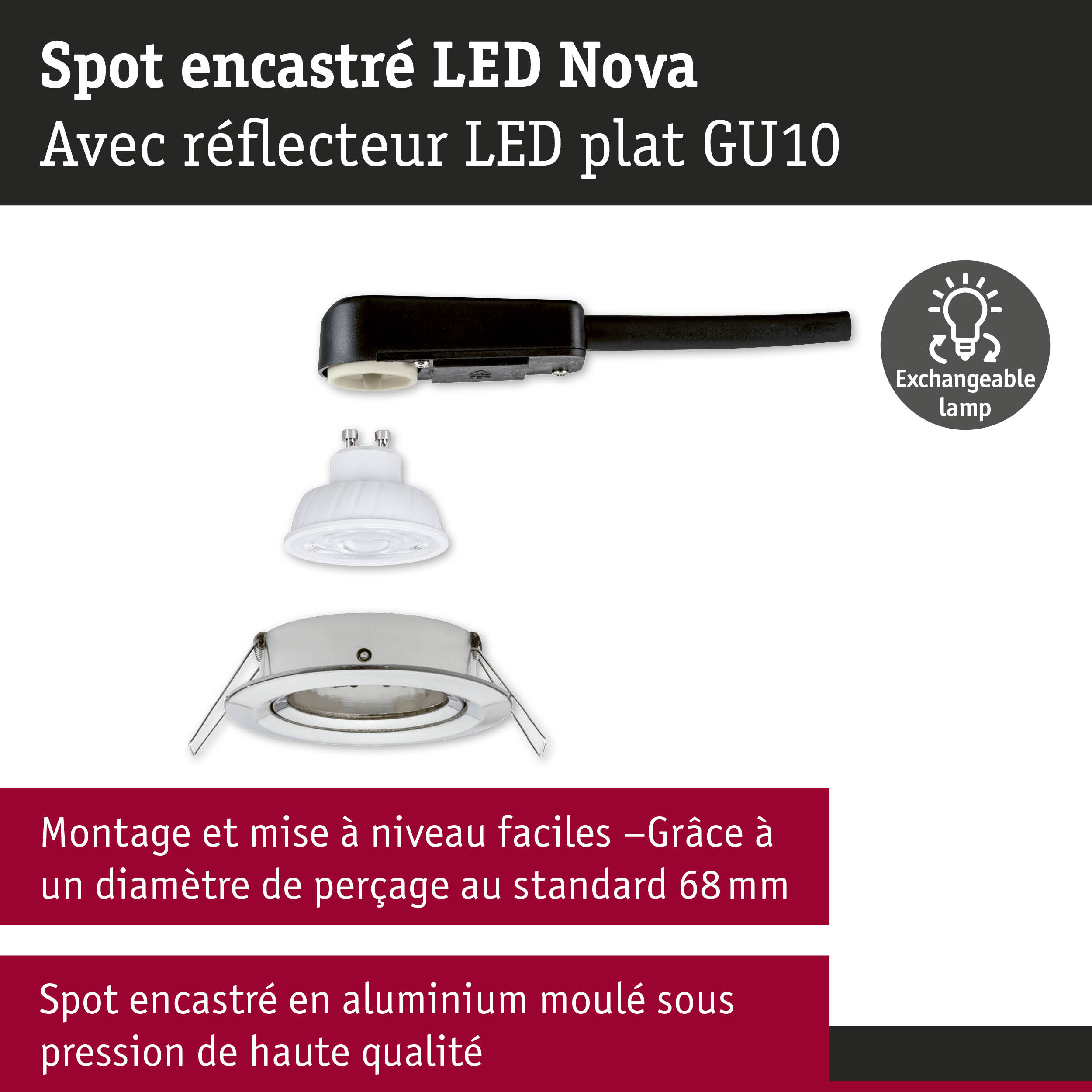 Spot encastré LED Nova en aluminium blanc avec douille GU10 et lampe interchangeable