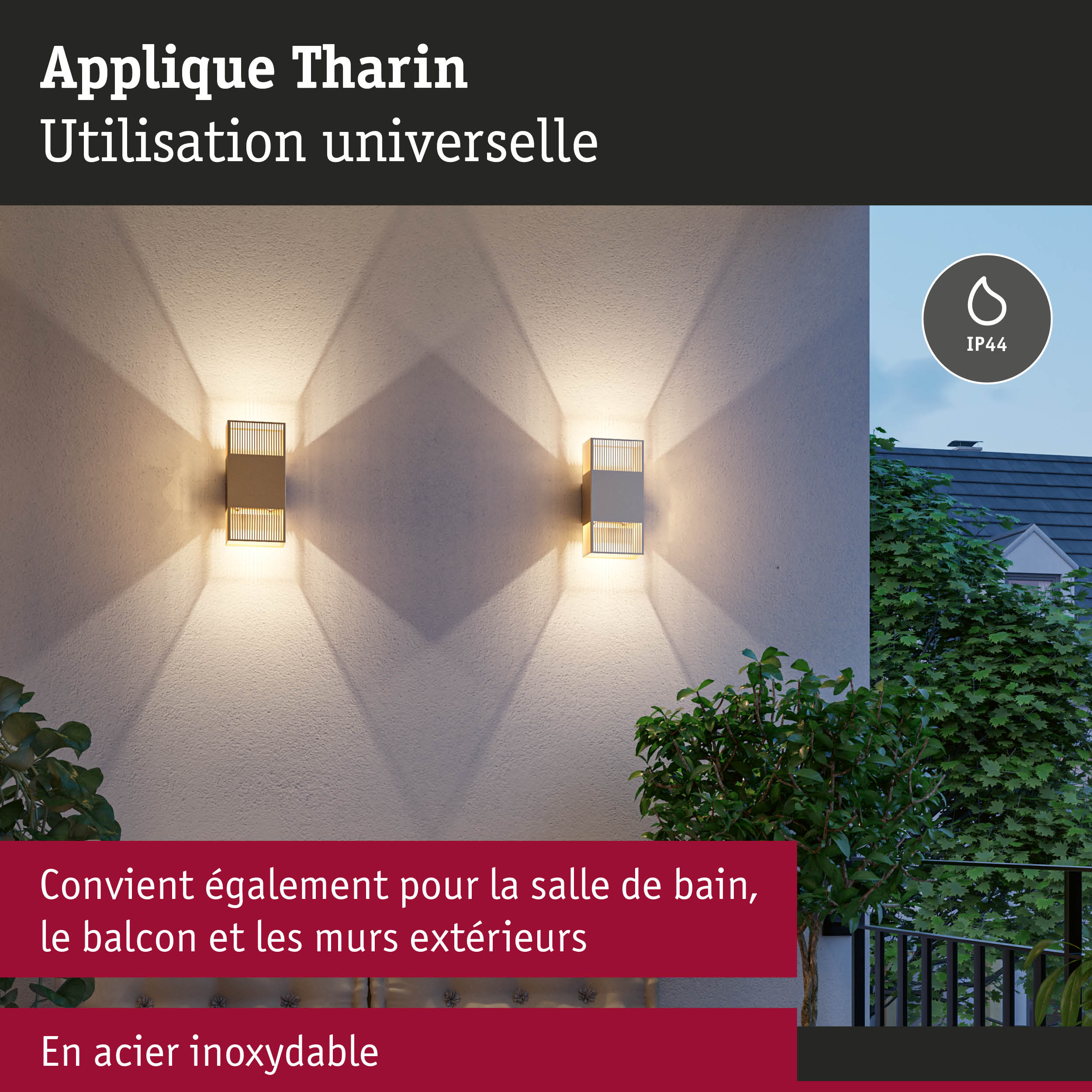 Applique Tharin en acier inoxydable IP44, lumière blanche chaude pour salle de bain, balcon et murs extérieurs