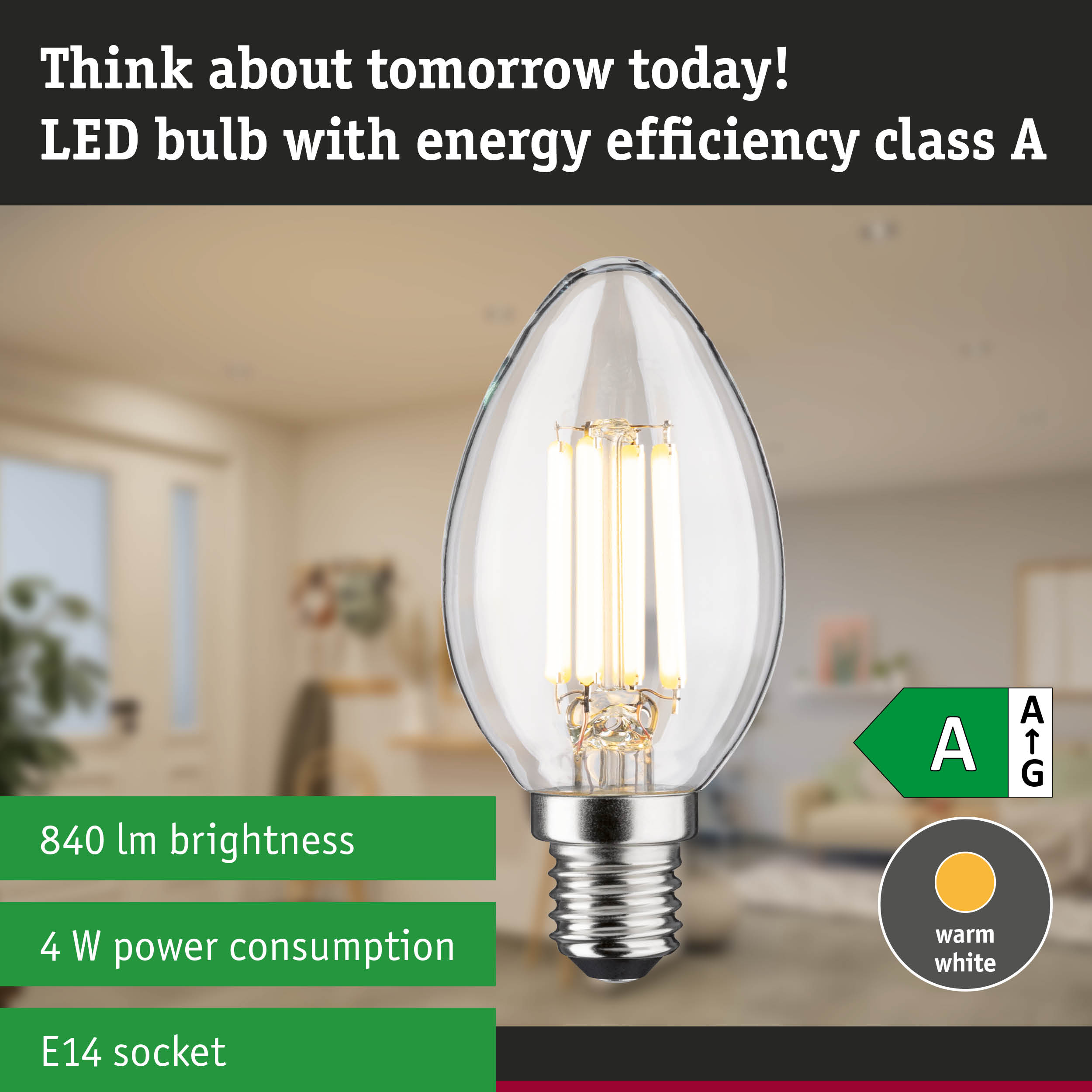 Clear candle-shaped LED bulb with warm white light and ultra-efficient energy saving