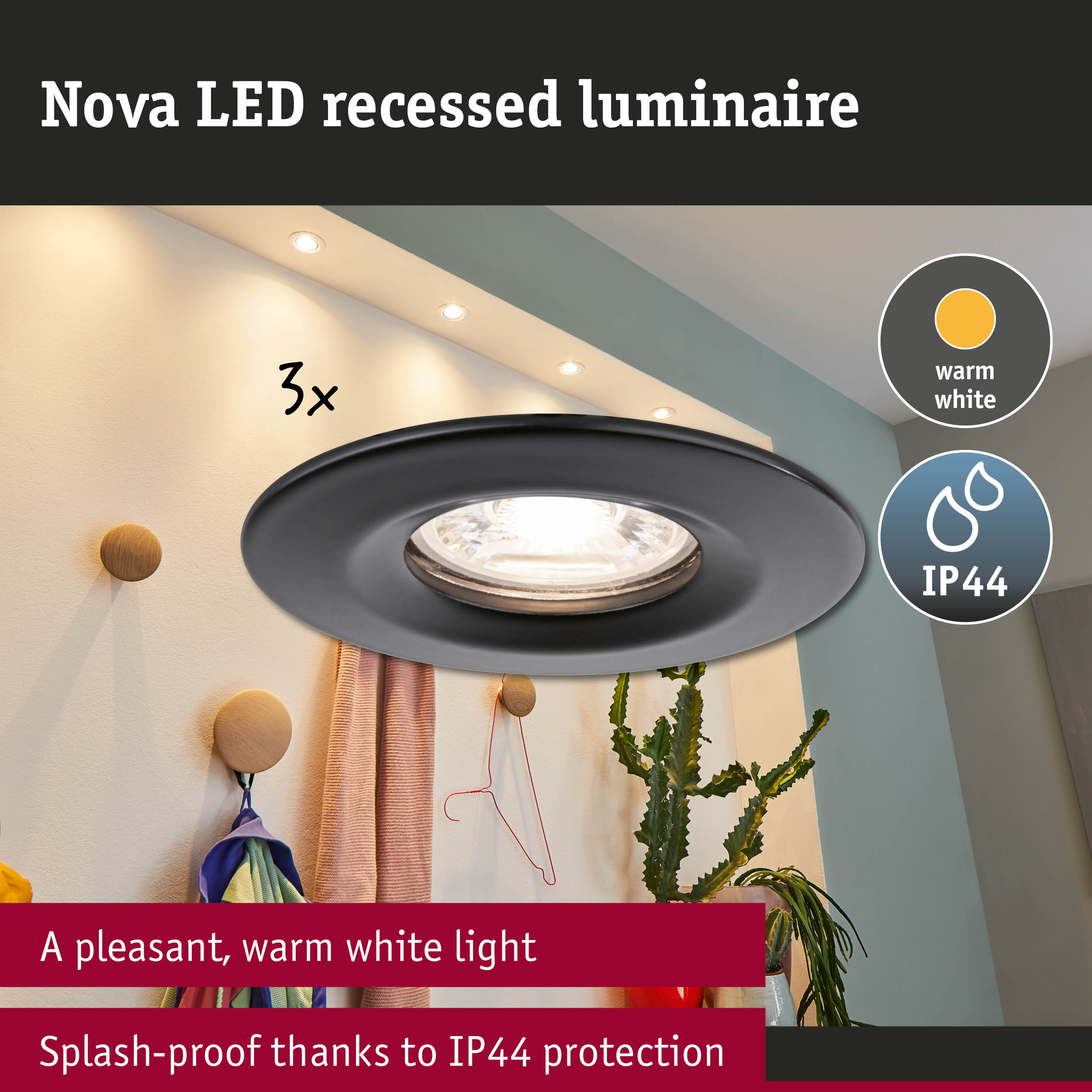 Nova black LED recessed spotlight with warm white light and IP44 splash-proof protection for bathrooms