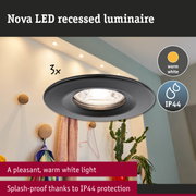 Nova black LED recessed spotlight with warm white light and IP44 splash-proof protection for bathrooms