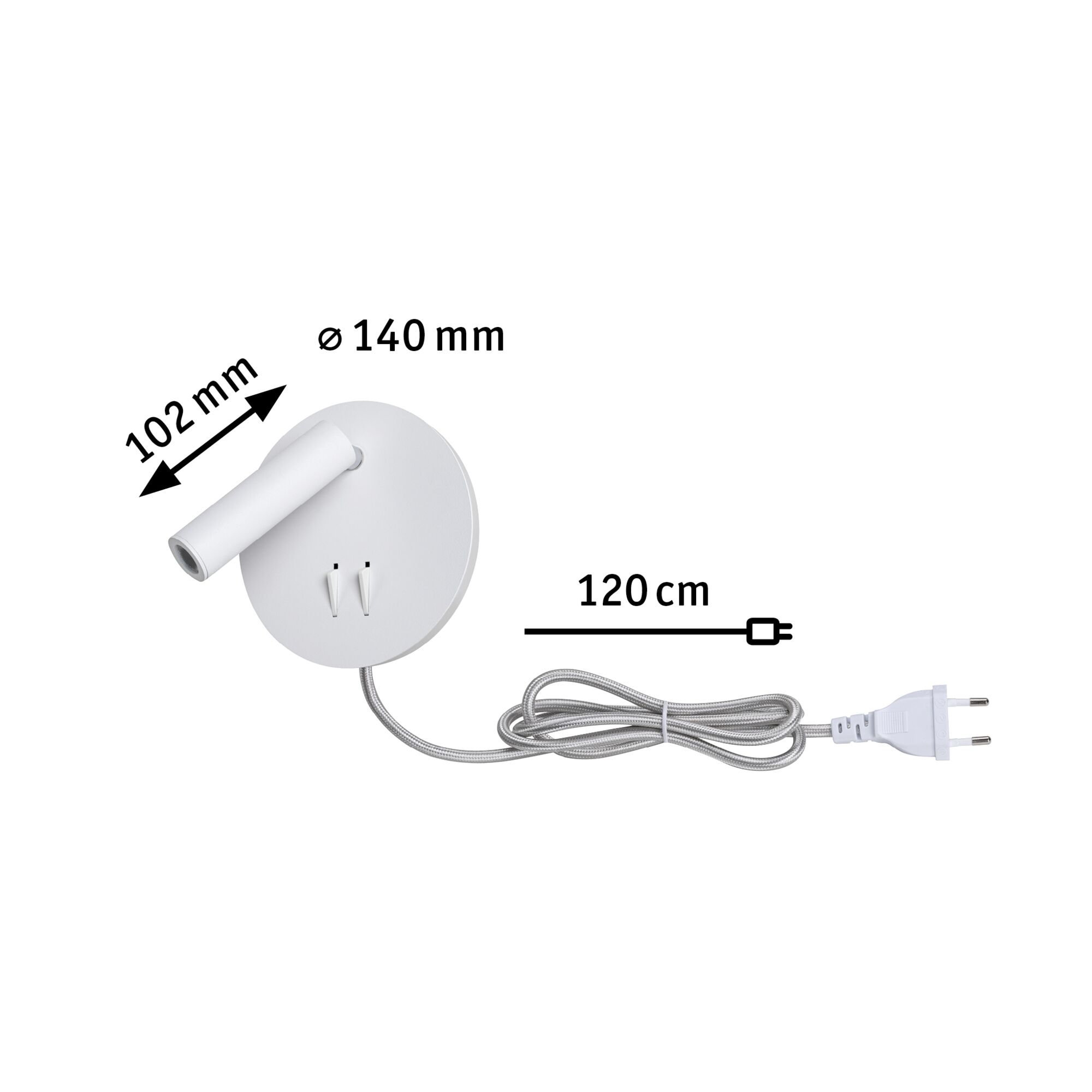 White metal LED wall light with 140 mm diameter and 120 cm cable for modern lighting solutions
