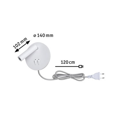 White metal LED wall light with 140 mm diameter and 120 cm cable for modern lighting solutions