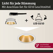 Weißer Einbaustrahler mit goldfarbenem Reflektor und Anschluss-Set für GU10 LED Leuchtmittel