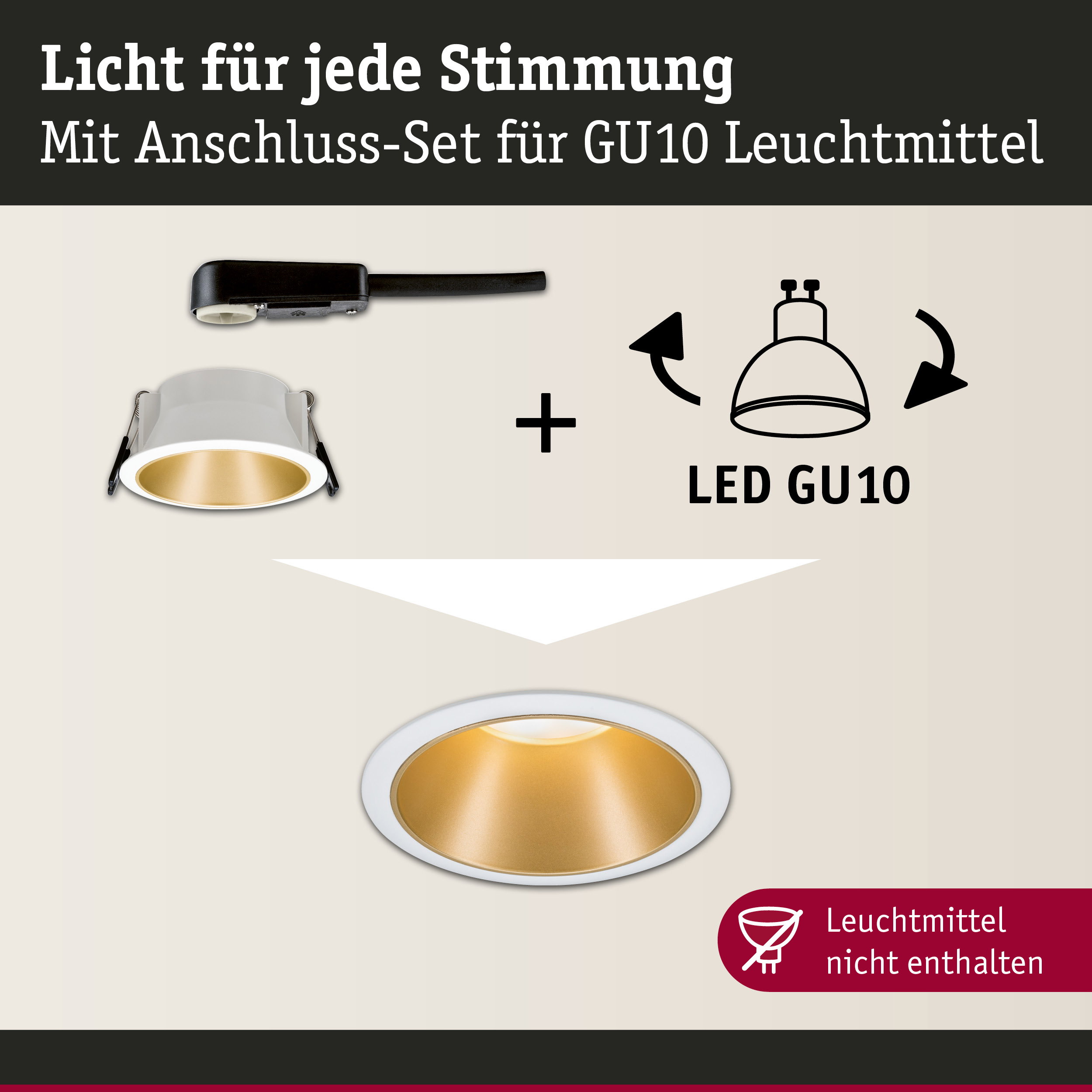 Weißer Einbaustrahler mit goldfarbenem Reflektor und Anschluss-Set für GU10 LED Leuchtmittel