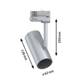 Silver metal LED spotlight 138 mm long, 62 mm diameter, designed for track lighting systems.