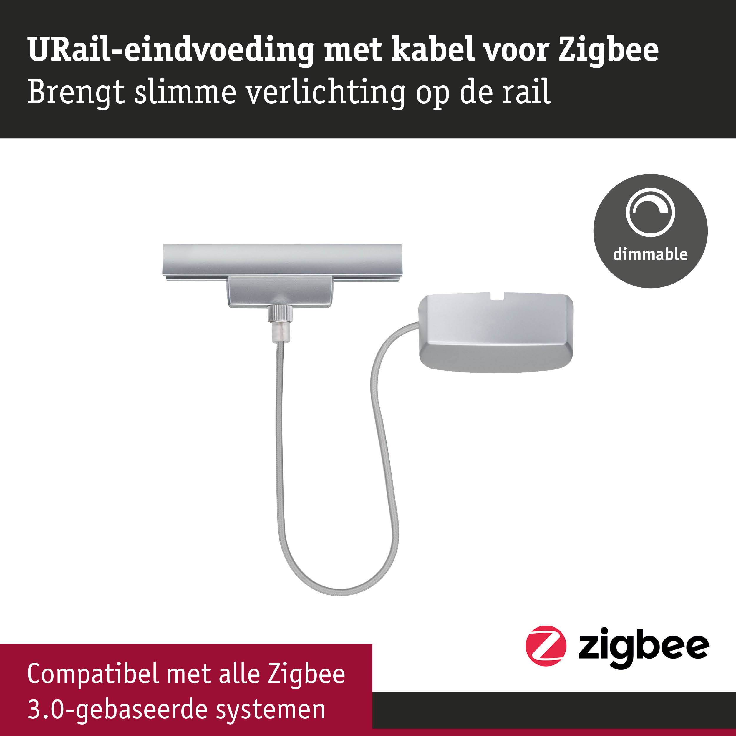 Zilveren URail-eindvoeding met kabel voor Zigbee slimme verlichting compatibel en dimbaar